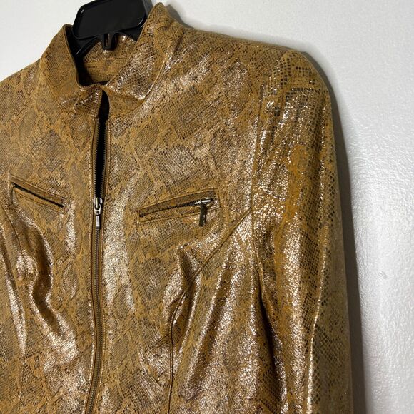 VS Vakko Gold Metallic Leather Jacket Women's Size 12 Shimmer Moto Style Snake - Picture 2 of 8